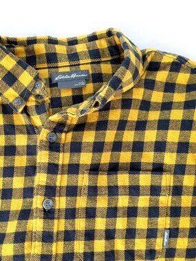 Eddie Bauer Plaid Shirt - Men's L - Yellow & Black Checkered Flannel Long Sleeve